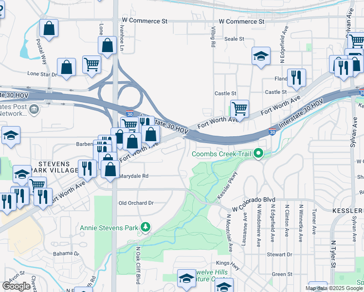 map of restaurants, bars, coffee shops, grocery stores, and more near 1313 North Plymouth Road in Dallas