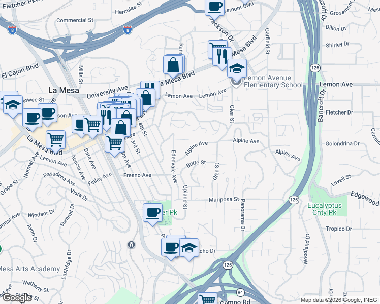 map of restaurants, bars, coffee shops, grocery stores, and more near 8587 Alpine Avenue in La Mesa
