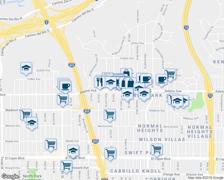 map of restaurants, bars, coffee shops, grocery stores, and more near in San Diego