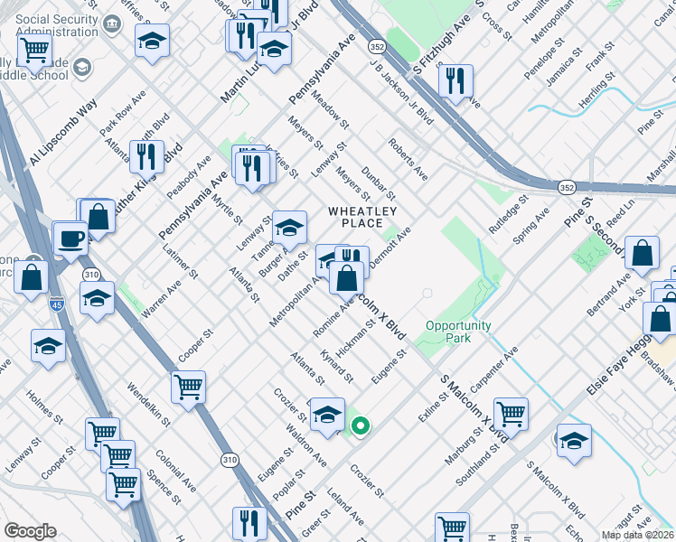 map of restaurants, bars, coffee shops, grocery stores, and more near Malcolm X Blvd & Casey St in Dallas