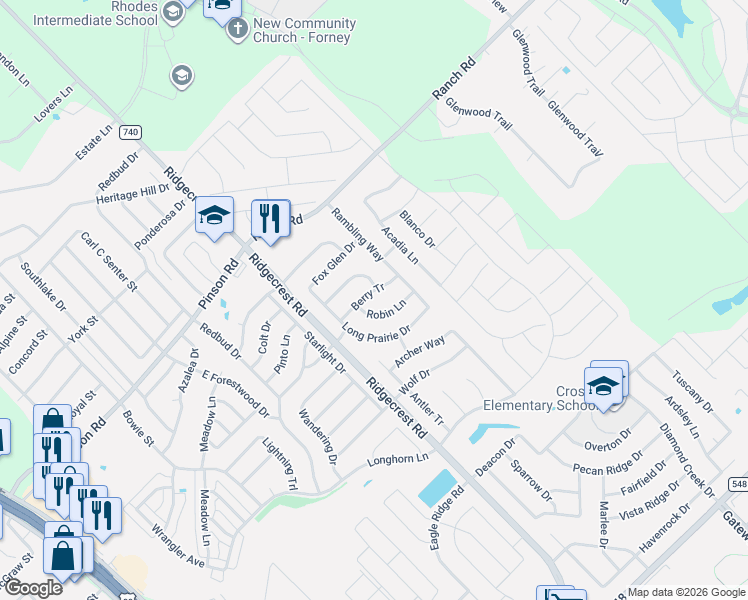 map of restaurants, bars, coffee shops, grocery stores, and more near Berry Trail in Forney