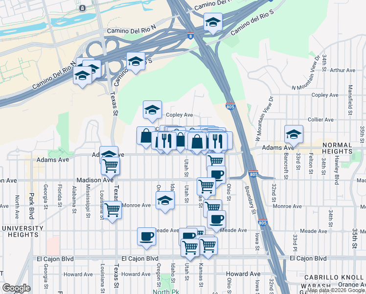 map of restaurants, bars, coffee shops, grocery stores, and more near 2816 Adams Avenue in San Diego