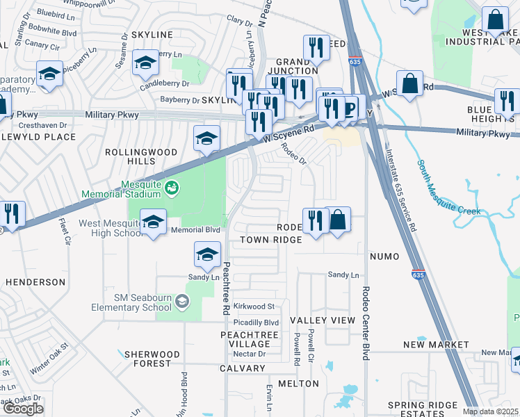 map of restaurants, bars, coffee shops, grocery stores, and more near Laramie Drive in Mesquite