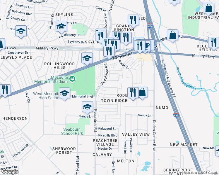 map of restaurants, bars, coffee shops, grocery stores, and more near Laramie Drive in Mesquite