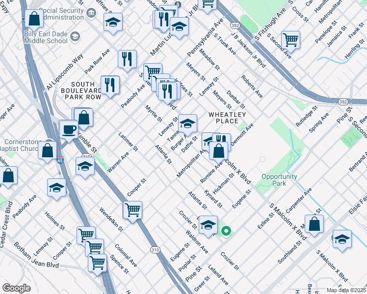 map of restaurants, bars, coffee shops, grocery stores, and more near 2617 Dathe Street in Dallas