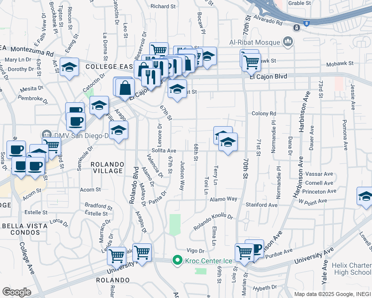 map of restaurants, bars, coffee shops, grocery stores, and more near 4666 Judson Way in La Mesa