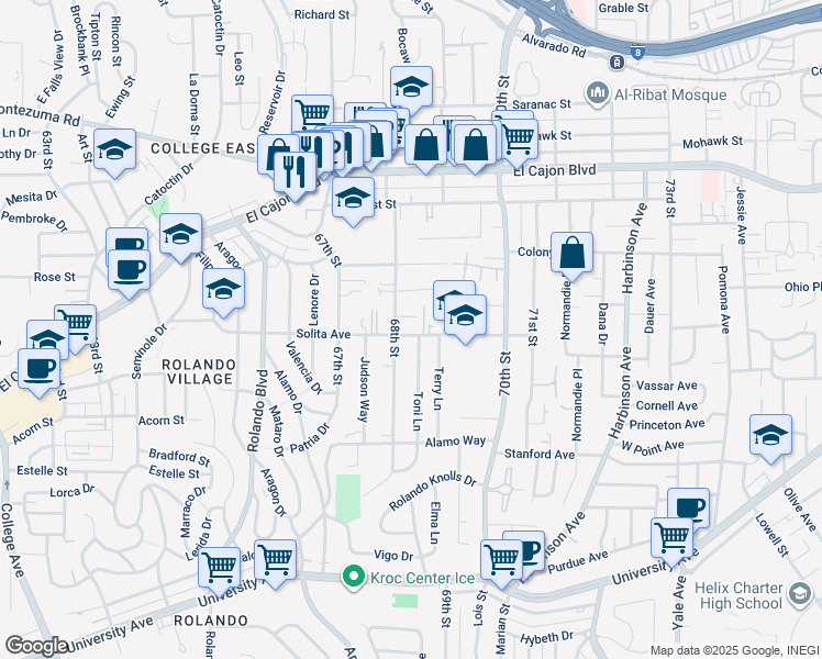 map of restaurants, bars, coffee shops, grocery stores, and more near 4671 68th Street in La Mesa