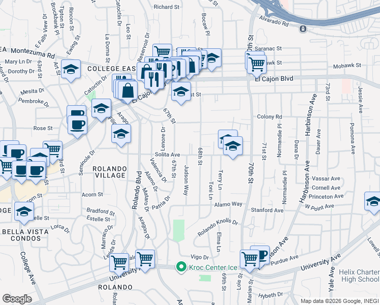 map of restaurants, bars, coffee shops, grocery stores, and more near 6752 Solita Avenue in San Diego