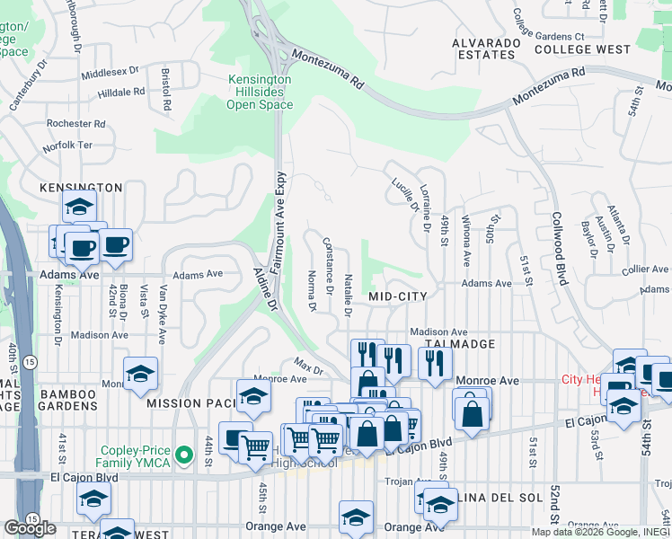 map of restaurants, bars, coffee shops, grocery stores, and more near 4707 Constance Drive in San Diego
