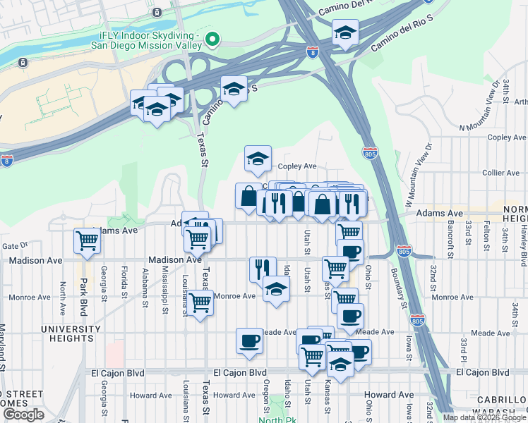 map of restaurants, bars, coffee shops, grocery stores, and more near 2700 Adams Avenue in San Diego