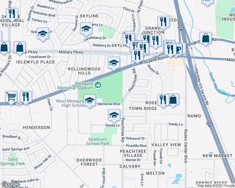 map of restaurants, bars, coffee shops, grocery stores, and more near 2250 Scyene Road in Mesquite
