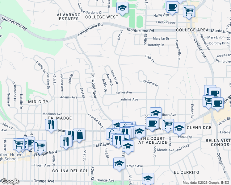 map of restaurants, bars, coffee shops, grocery stores, and more near 5339 Collier Avenue in San Diego