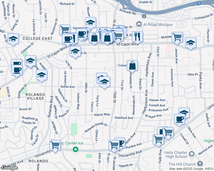 map of restaurants, bars, coffee shops, grocery stores, and more near 6932 Tower Street in La Mesa