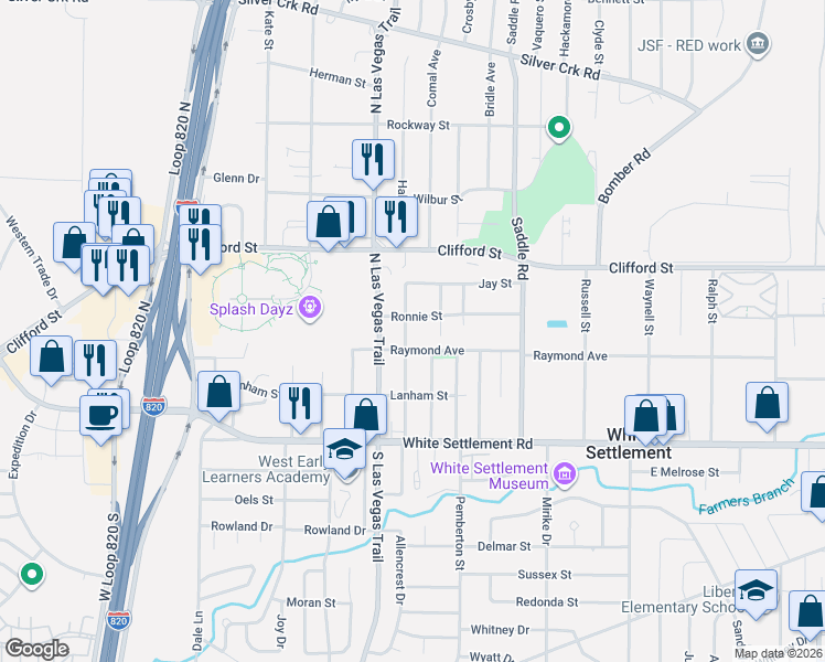 map of restaurants, bars, coffee shops, grocery stores, and more near 8604 Raymond Avenue in Fort Worth