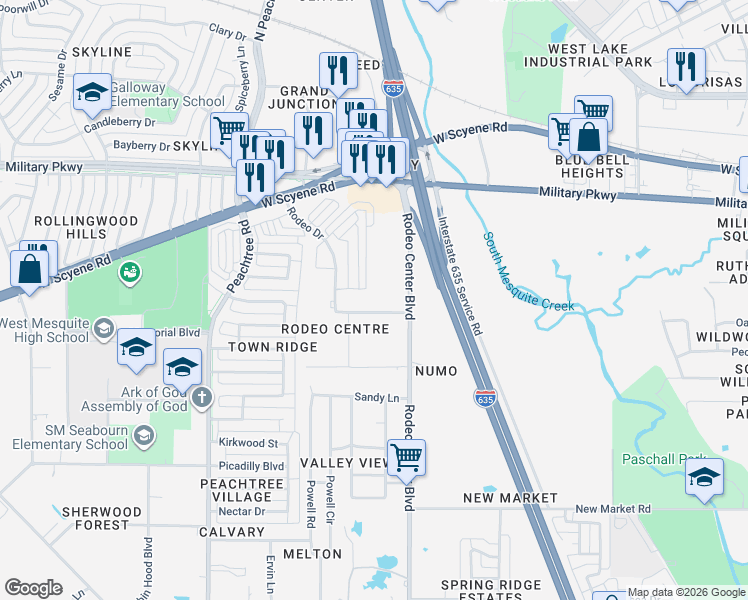 map of restaurants, bars, coffee shops, grocery stores, and more near 1703 Rodeo Drive in Mesquite