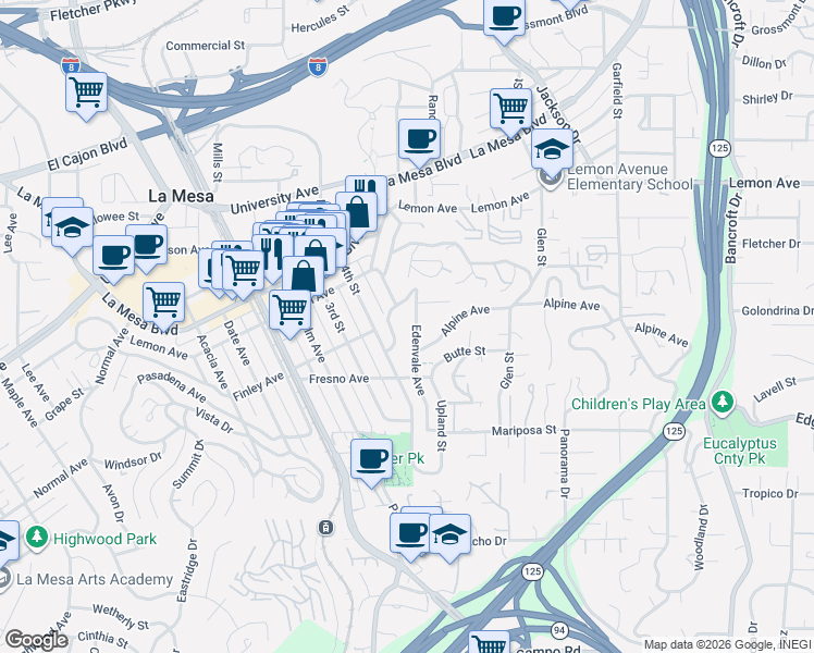 map of restaurants, bars, coffee shops, grocery stores, and more near 8524 Alpine Avenue in La Mesa
