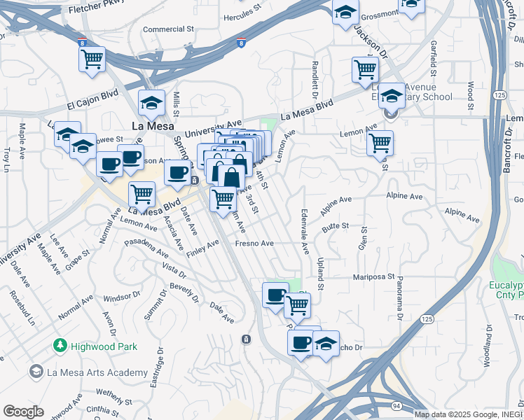 map of restaurants, bars, coffee shops, grocery stores, and more near 4601 3rd Street in La Mesa