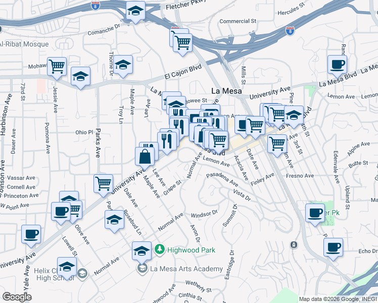 map of restaurants, bars, coffee shops, grocery stores, and more near 7943 Lemon Circle in La Mesa