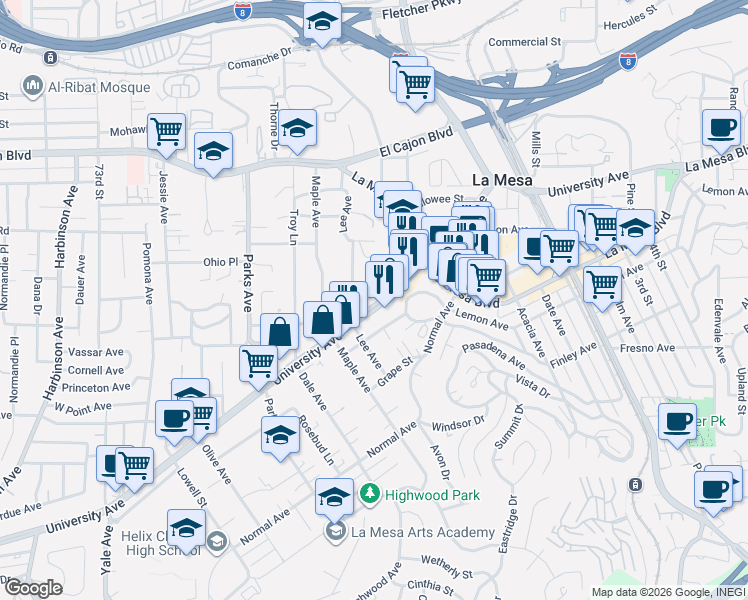 map of restaurants, bars, coffee shops, grocery stores, and more near 7851 University Avenue in La Mesa