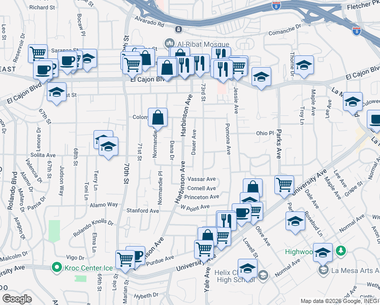 map of restaurants, bars, coffee shops, grocery stores, and more near 4623 Harbinson Avenue in La Mesa