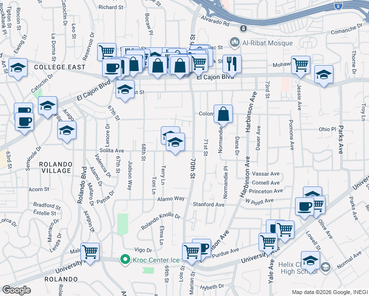 map of restaurants, bars, coffee shops, grocery stores, and more near 6925 Tower Street in La Mesa