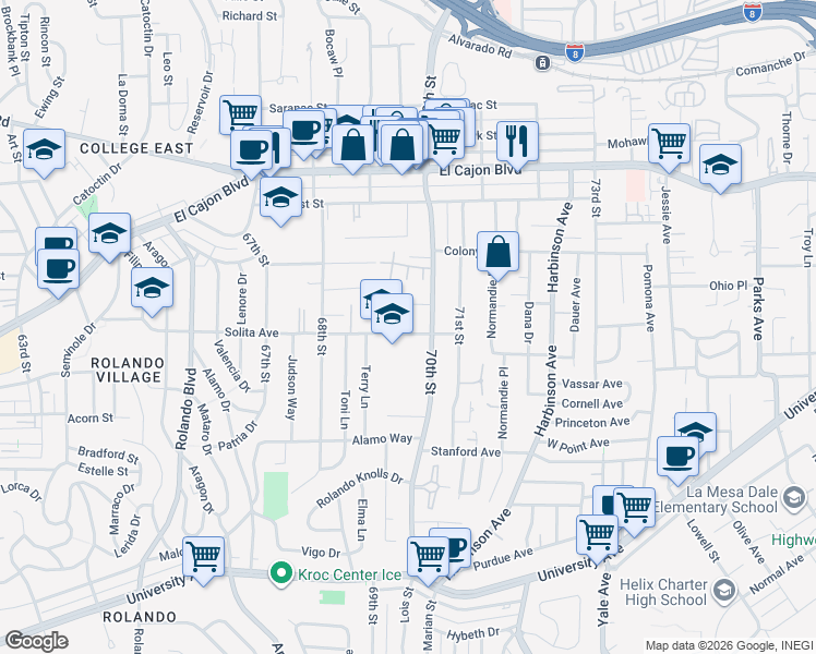 map of restaurants, bars, coffee shops, grocery stores, and more near 6925 Tower Street in La Mesa