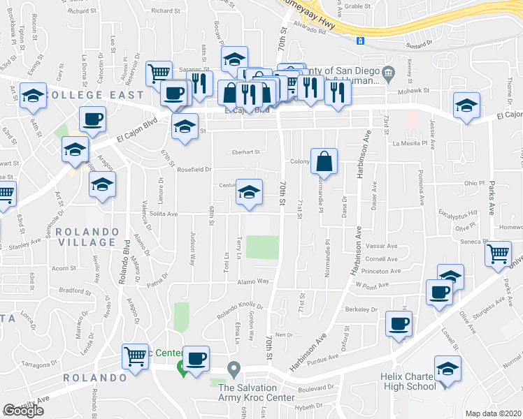map of restaurants, bars, coffee shops, grocery stores, and more near 6925 Tower Street in La Mesa