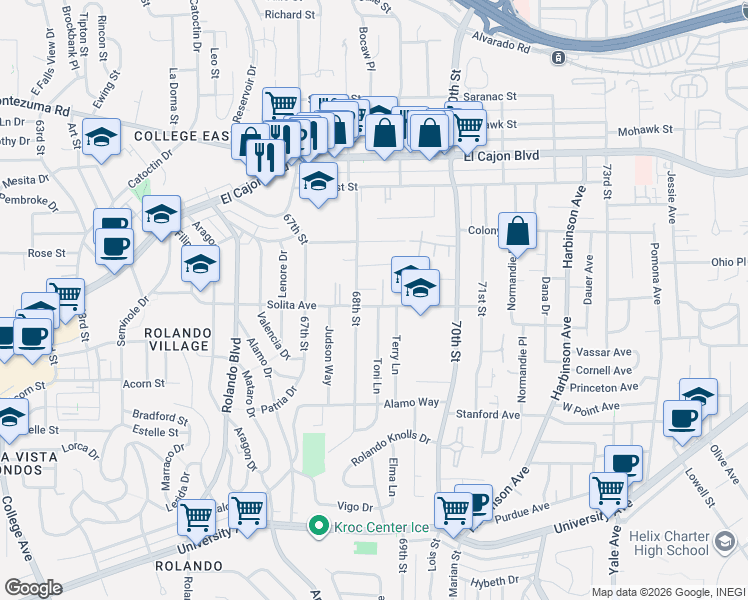 map of restaurants, bars, coffee shops, grocery stores, and more near in San Diego