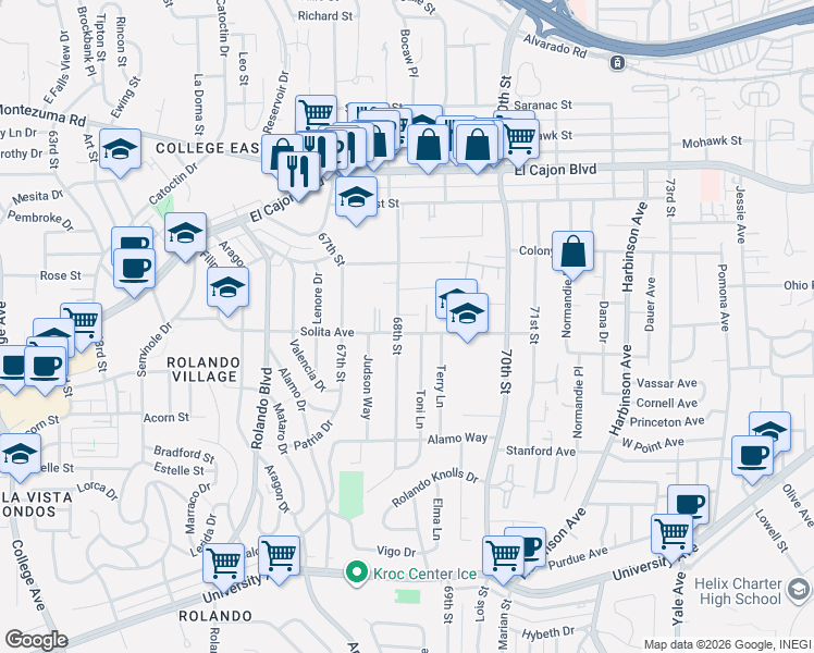 map of restaurants, bars, coffee shops, grocery stores, and more near in San Diego