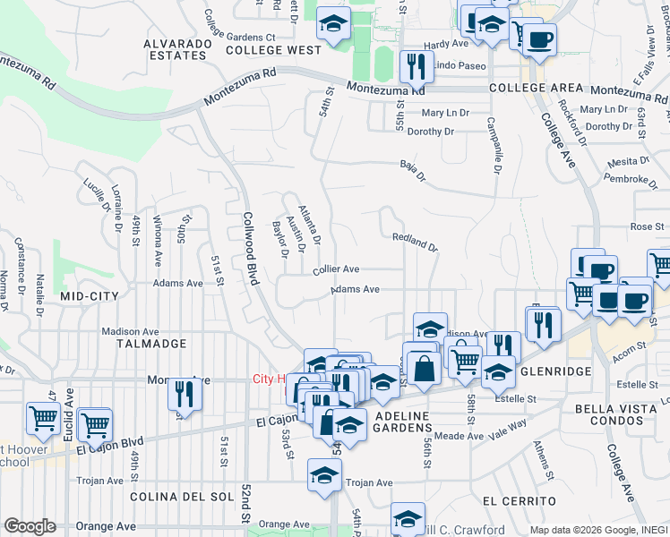 map of restaurants, bars, coffee shops, grocery stores, and more near 4720 54th Street in San Diego