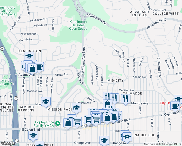 map of restaurants, bars, coffee shops, grocery stores, and more near 4668 Norma Drive in San Diego