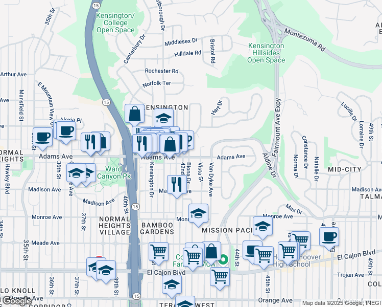 map of restaurants, bars, coffee shops, grocery stores, and more near 4688 Vista Street in San Diego