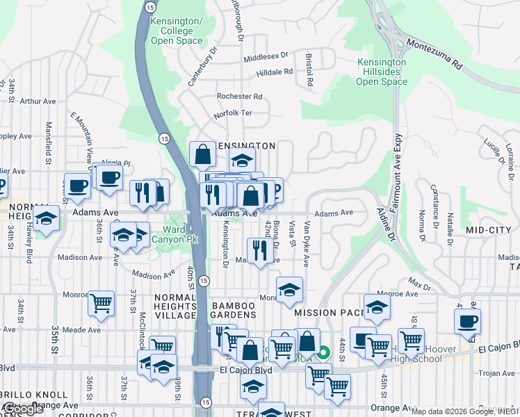 map of restaurants, bars, coffee shops, grocery stores, and more near 4193 Adams Avenue in San Diego