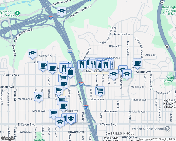 map of restaurants, bars, coffee shops, grocery stores, and more near 3165 Adams Avenue in San Diego