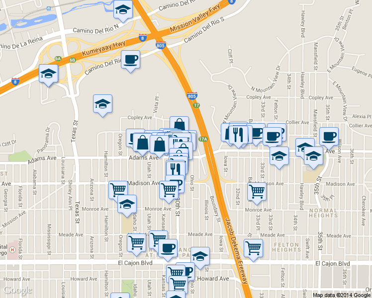 map of restaurants, bars, coffee shops, grocery stores, and more near in San Diego