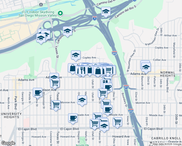 map of restaurants, bars, coffee shops, grocery stores, and more near 2816 Adams Avenue in San Diego