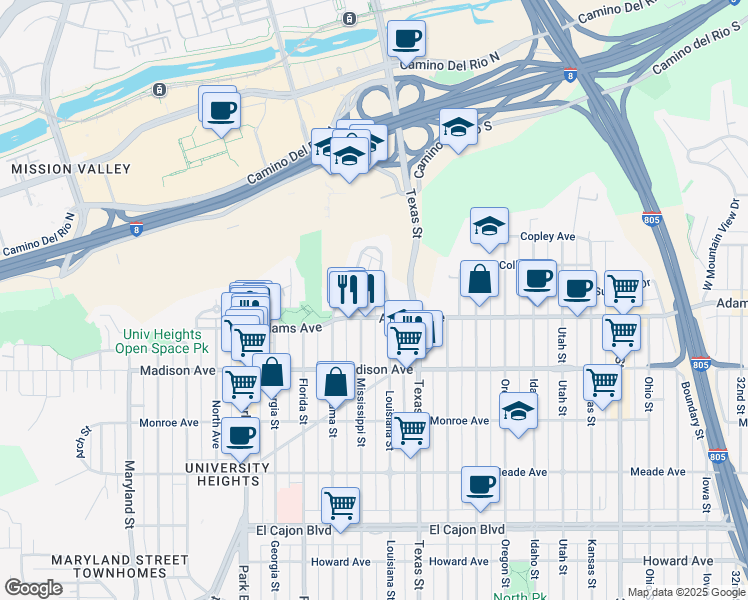 map of restaurants, bars, coffee shops, grocery stores, and more near 2220 Adams Avenue in San Diego