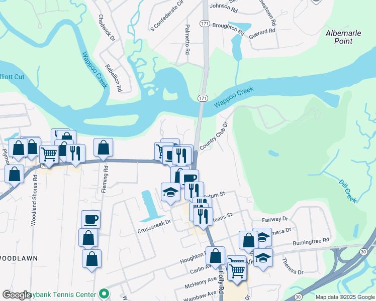 map of restaurants, bars, coffee shops, grocery stores, and more near 109 Wappoo Creek Drive in Charleston