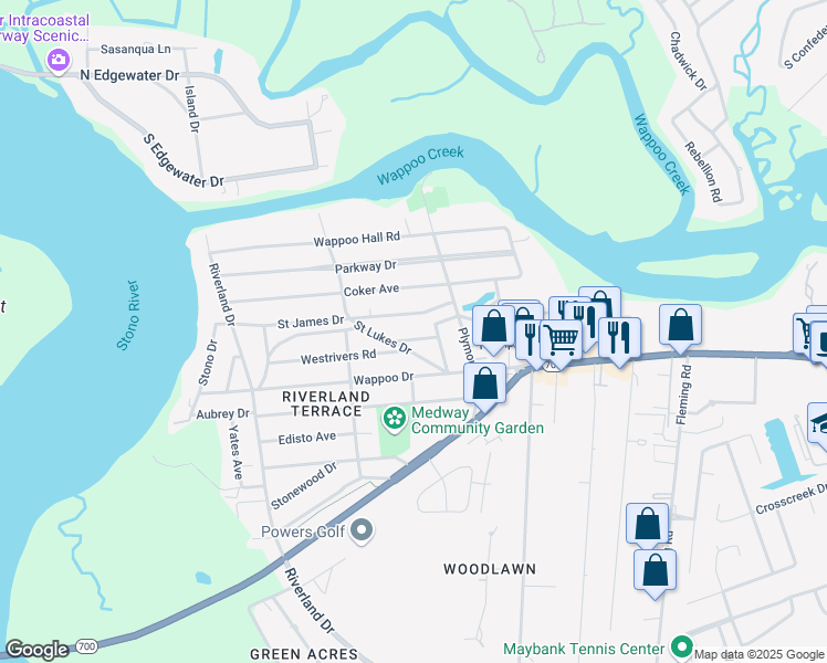 map of restaurants, bars, coffee shops, grocery stores, and more near 2082 Saint Lukes Drive in Charleston