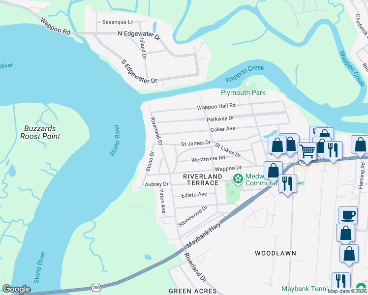 map of restaurants, bars, coffee shops, grocery stores, and more near 2178 Fort Pemberton Drive in Charleston