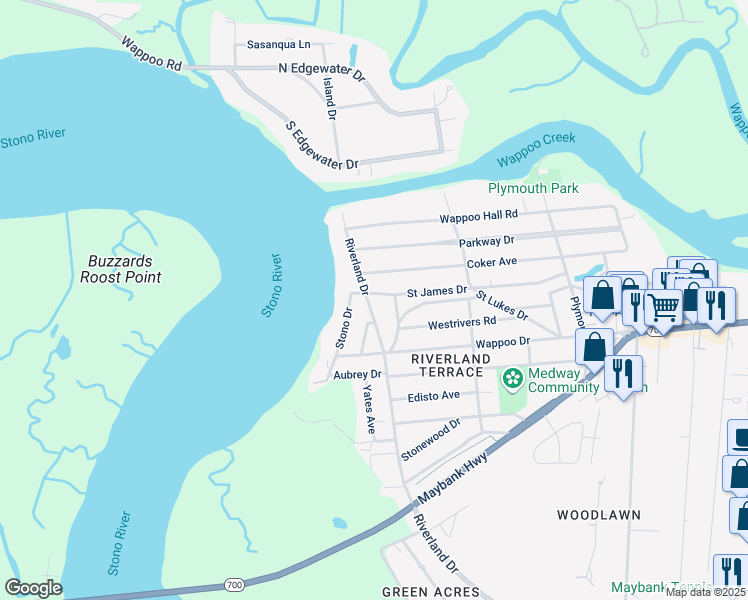map of restaurants, bars, coffee shops, grocery stores, and more near 160 Riverland Drive in Charleston