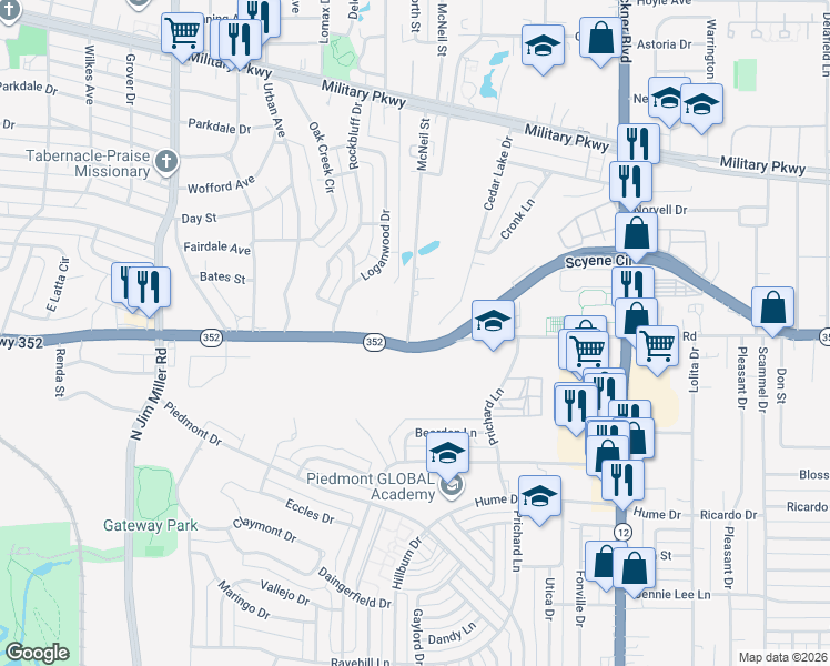 map of restaurants, bars, coffee shops, grocery stores, and more near 7529 Scyene Road in Dallas