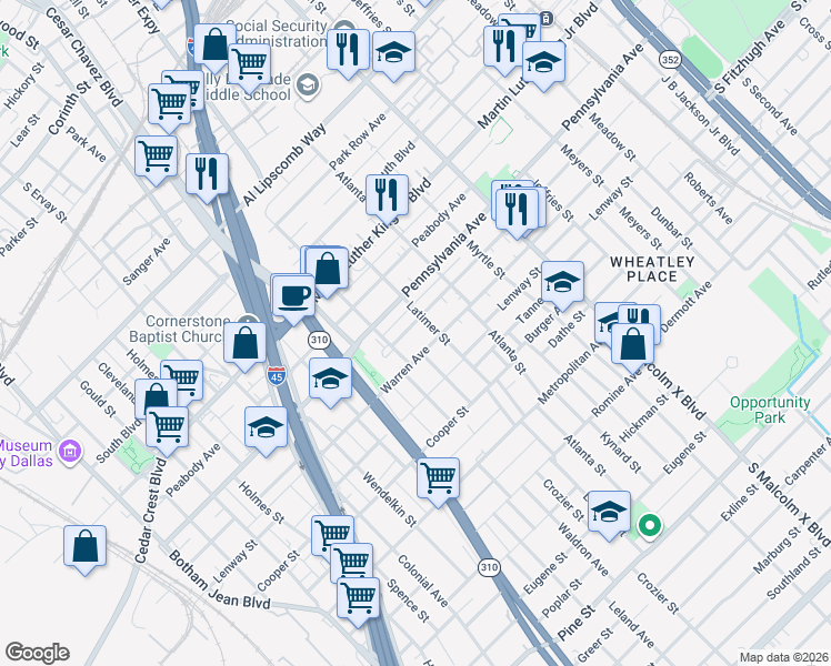 map of restaurants, bars, coffee shops, grocery stores, and more near 2413 Warren Avenue in Dallas