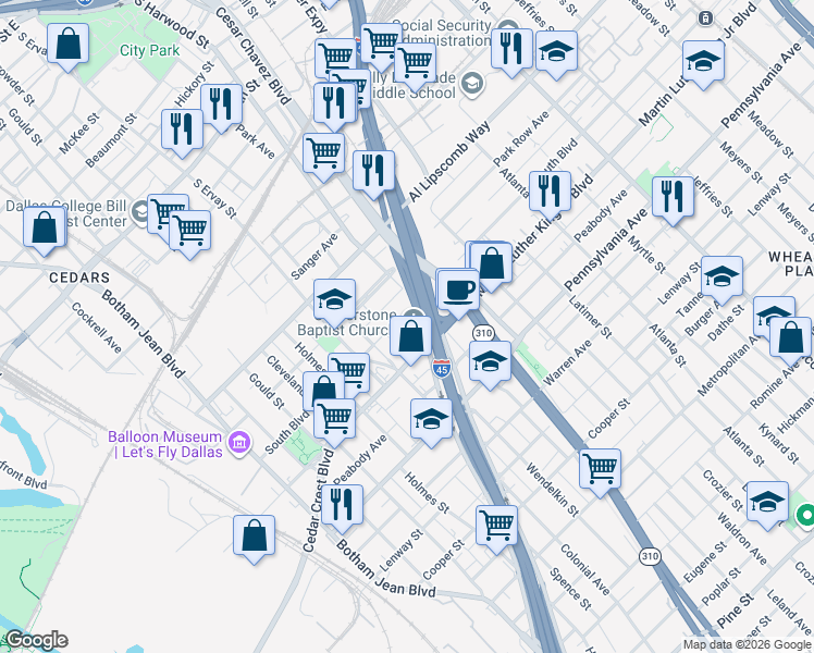map of restaurants, bars, coffee shops, grocery stores, and more near 1814 South Boulevard in Dallas