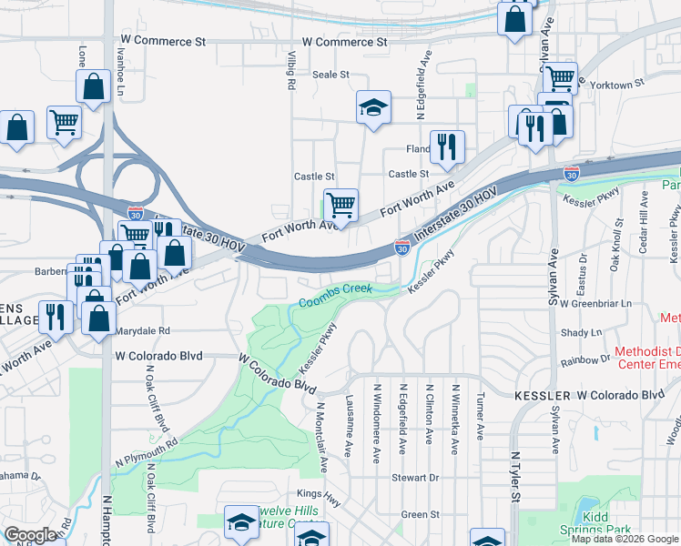 map of restaurants, bars, coffee shops, grocery stores, and more near 2144-2164 Kessler Court in Dallas