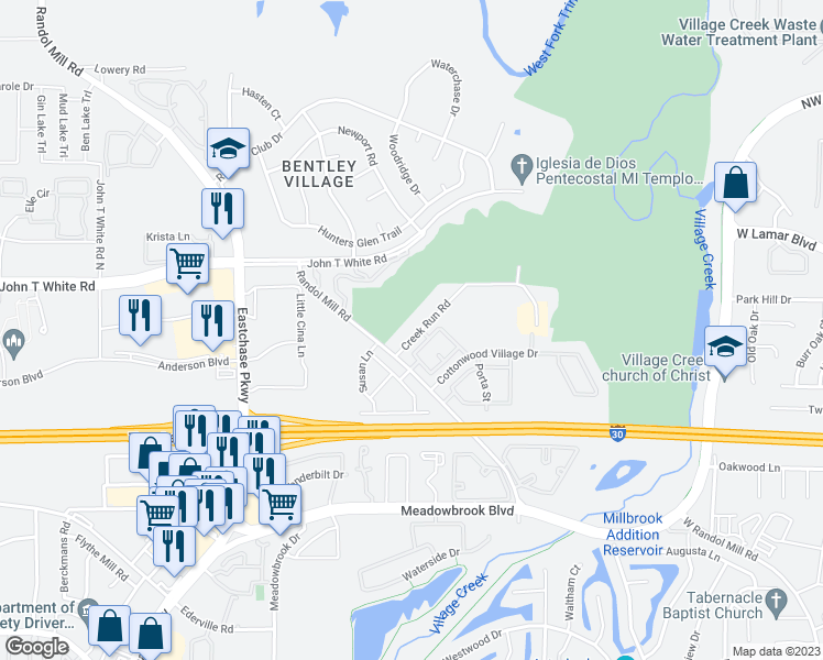 map of restaurants, bars, coffee shops, grocery stores, and more near 8805 Hornaday Circle North in Fort Worth