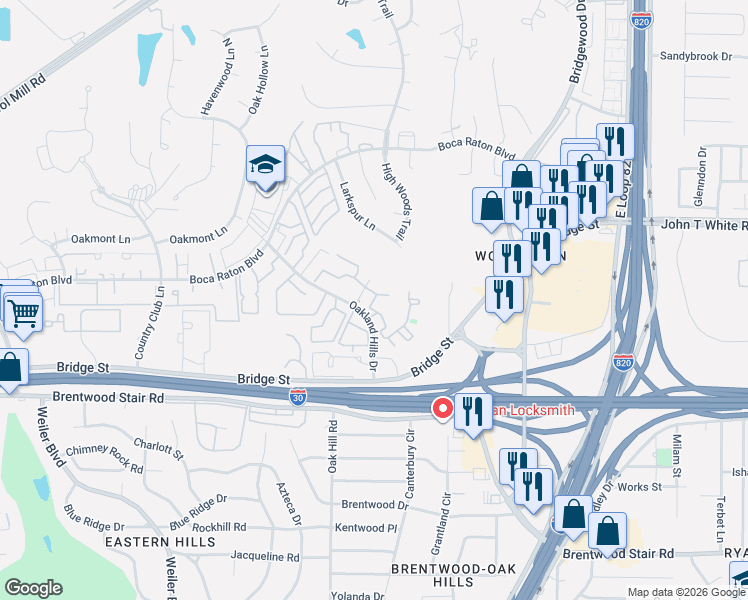map of restaurants, bars, coffee shops, grocery stores, and more near 6001 Barton Hills Drive in Fort Worth