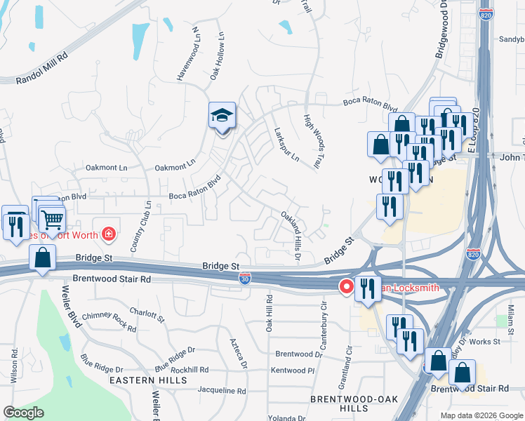 map of restaurants, bars, coffee shops, grocery stores, and more near 5975 Callaston Lane in Fort Worth