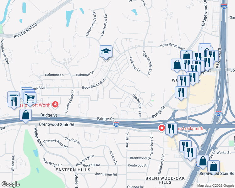 map of restaurants, bars, coffee shops, grocery stores, and more near 5979 Callaston Lane in Fort Worth