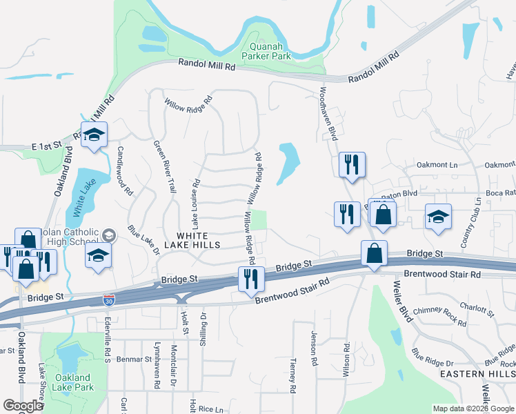 map of restaurants, bars, coffee shops, grocery stores, and more near 925 Willow Ridge Road in Fort Worth